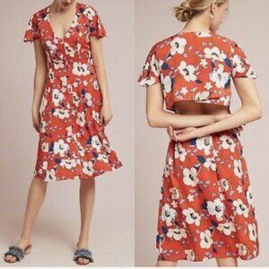 Anthropologie London Rose Short Sleeve Floral Midi Dress Open Back Cottagecore
